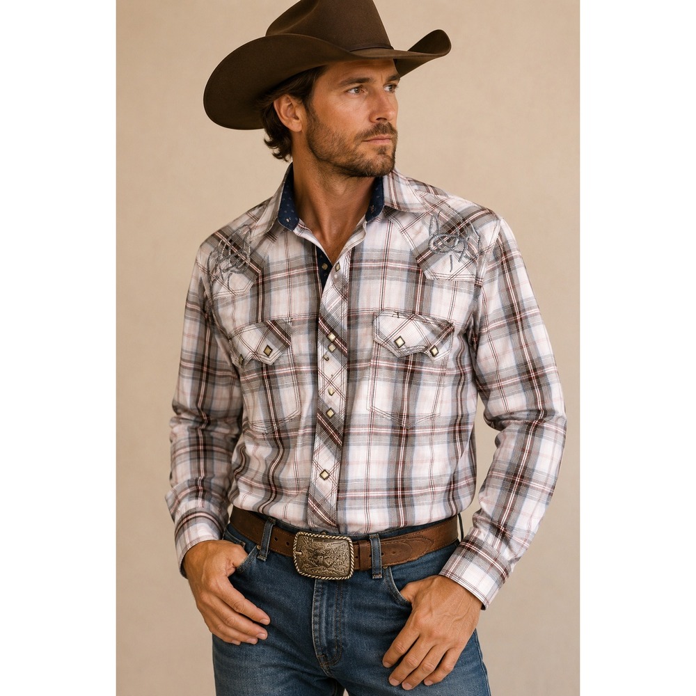 Cowboy Legend Mens XXL Plaid Western Snap Shirt Embroidered Brown Blue White